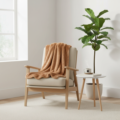 Faux fur blanket on Scandinavian armchair fiddle leaf fig Nordic interior