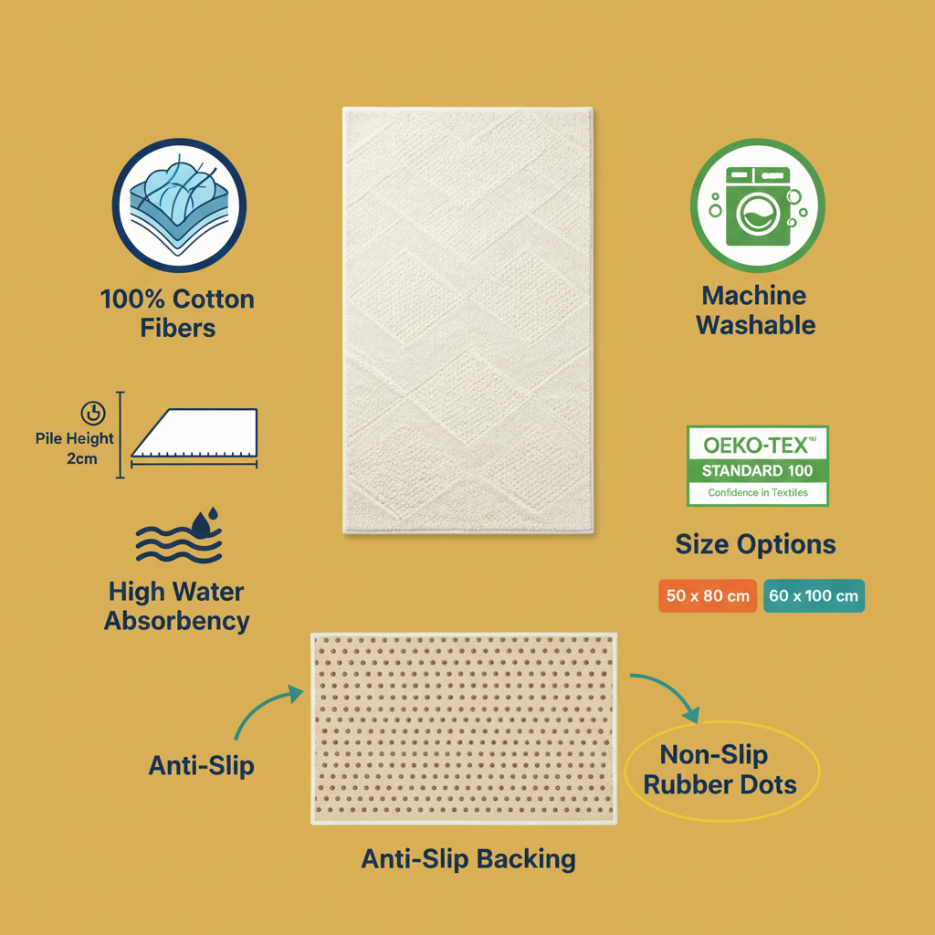 Bath mat infographic mustard background anti-slip sizes features