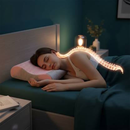 Person sleeping on ergonomic pillow spine alignment wellness teal bedroom