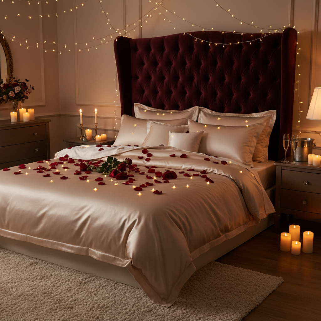 Romantic candlelit bedroom burgundy velvet headboard roses fairy lights silk bedding