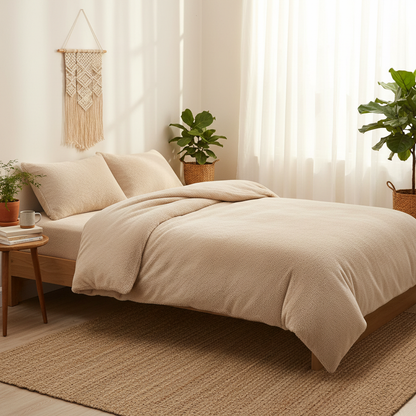 Cozy boho bedroom with teddy duvet cover