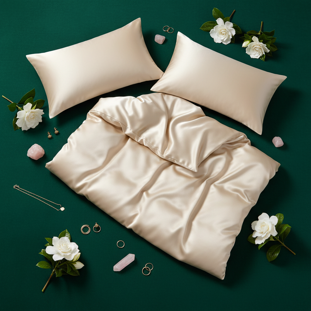 Flat lay champagne satin sheets emerald green with gardenias and crystals