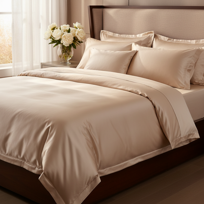 Champagne silk satin bedding on king bed golden morning sunlight lifestyle