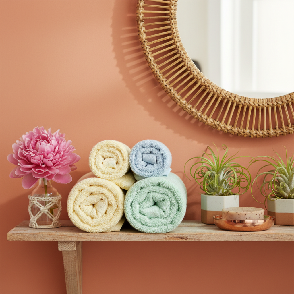 Three rolled pastel towels on shelf rattan mirror copper soap dish boho
