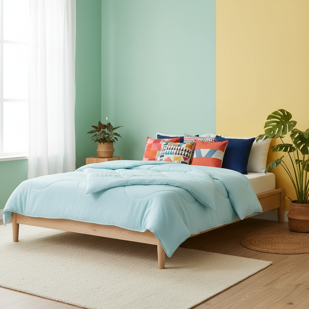 Scandinavian mint green bedroom with blue comforter