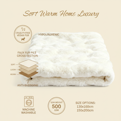 Faux fur blanket product infographic size weight cruelty-free features