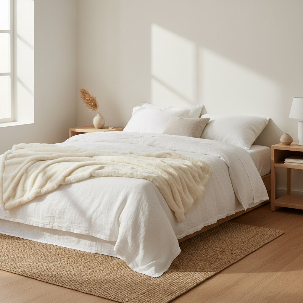 Cream faux fur blanket draped over bed end Japandi bedroom