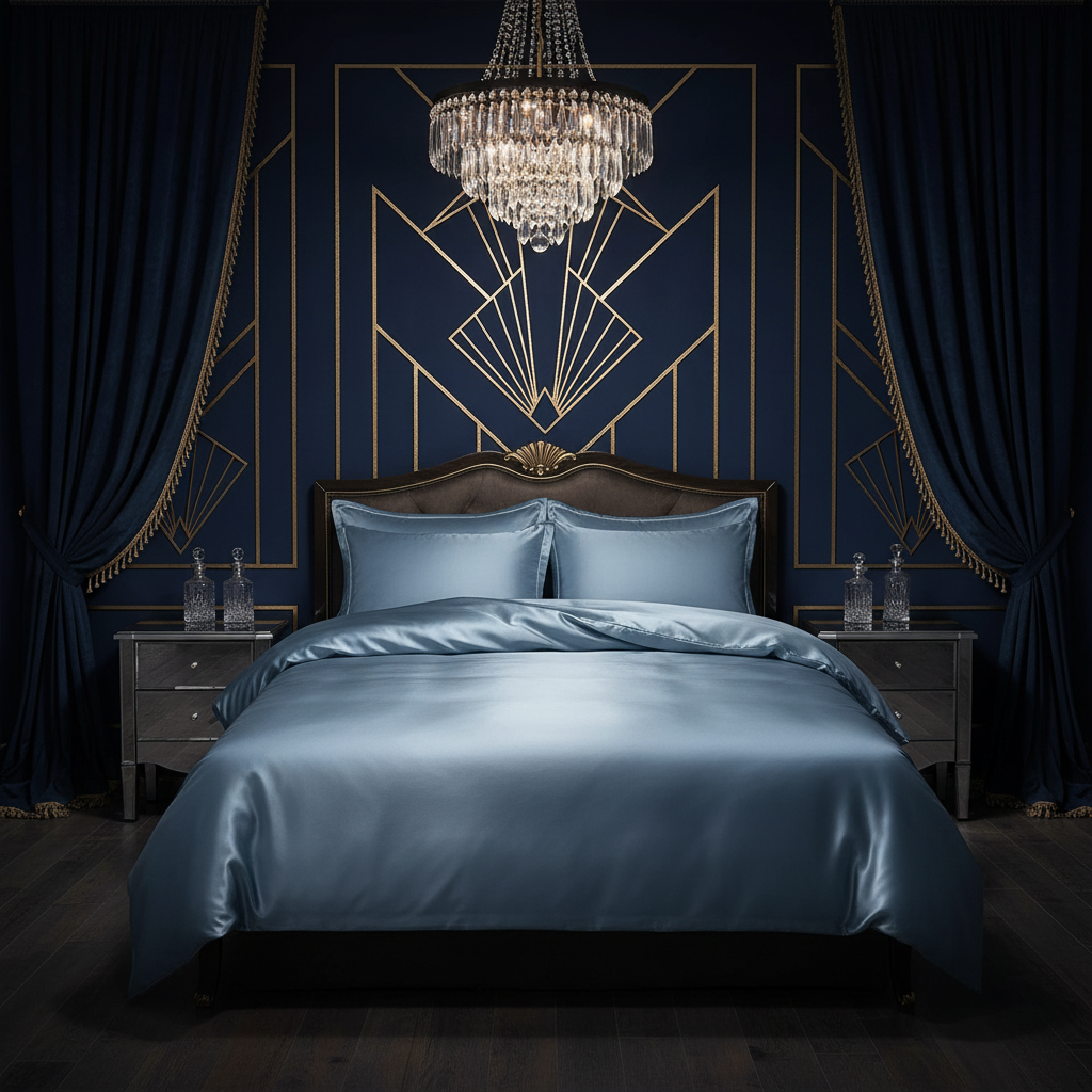 Art Deco luxury bedroom with steel blue satin duvet