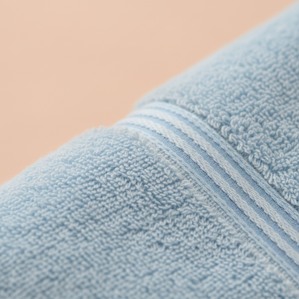 Close-up plush terry loop texture powder blue towel peach background