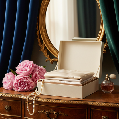 Silk bedding gift box on dressing table peonies gold mirror perfume