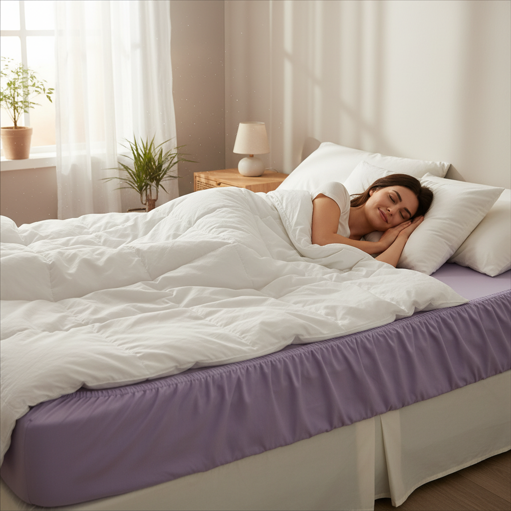 Woman sleeping on lavender fitted sheet bed cozy morning