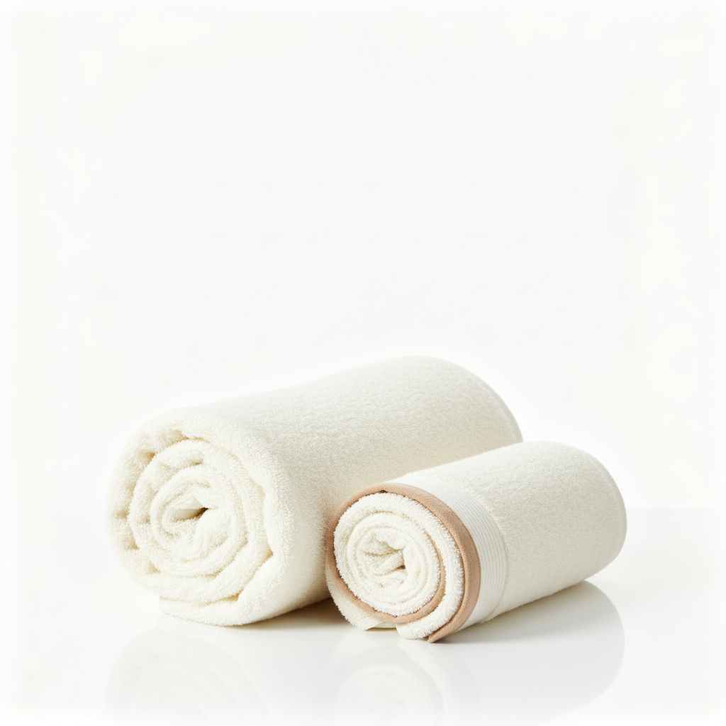 Cream towel set rolled spa style white background