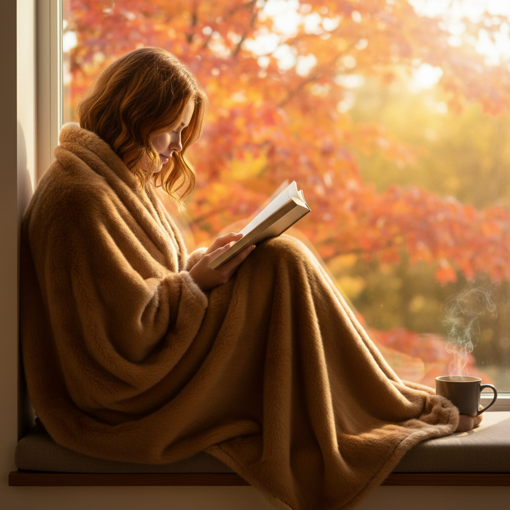 Woman wrapped in faux fur blanket reading by window autumn leaves coffee