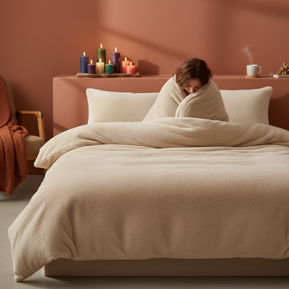 Person wrapped in teddy duvet cozy morning scene
