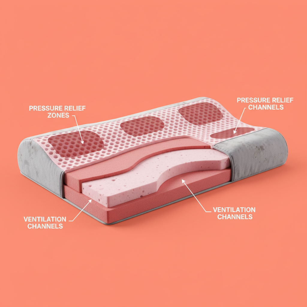 Cross-section memory foam layers ventilation channels coral background