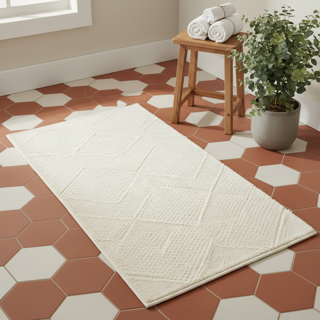 Cream bath mat terracotta tile spa bathroom warm colors