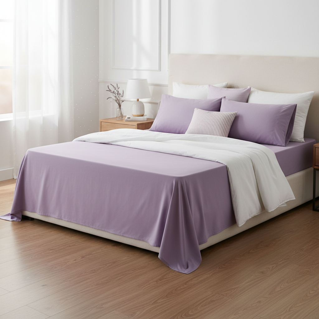 Lavender fitted sheet on styled bed morning light bedroom