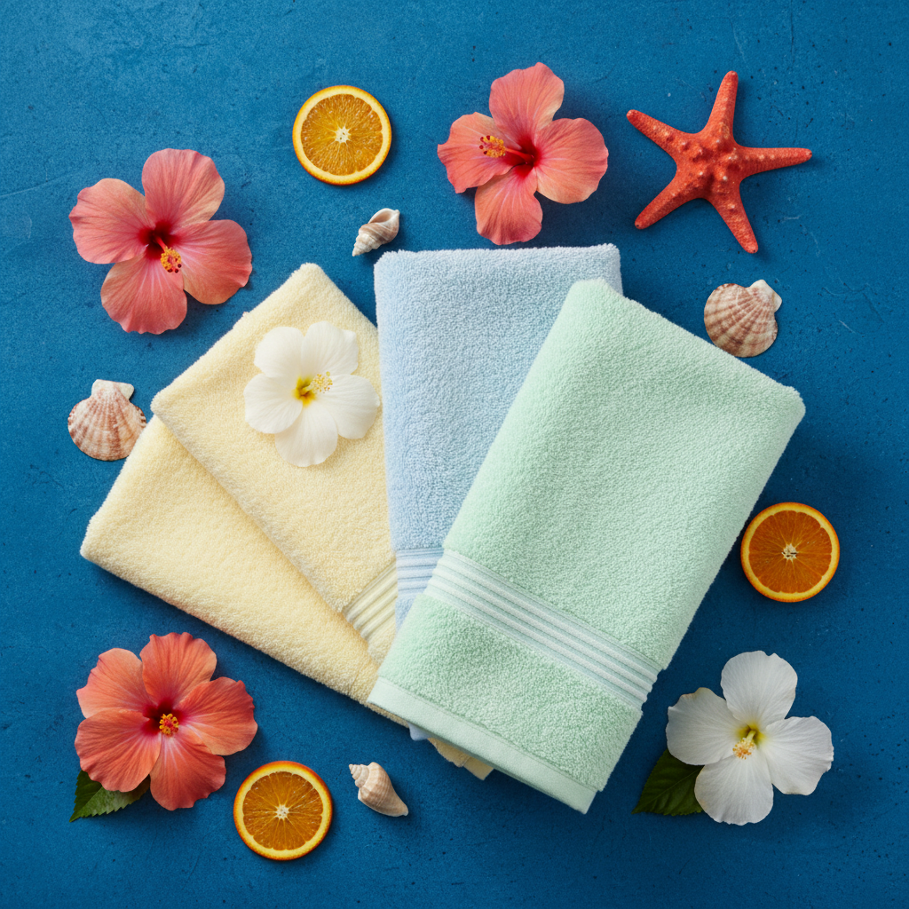 Flat lay pastel towels cobalt blue hibiscus orange slices seashells