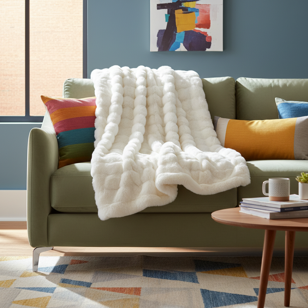 Bubble throw blanket draped over sage green sofa lifestyle shot