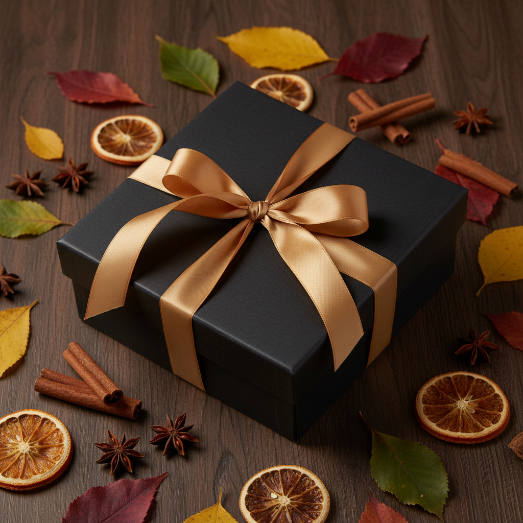Faux mink blanket gift in black box gold ribbon cinnamon autumn dark walnut