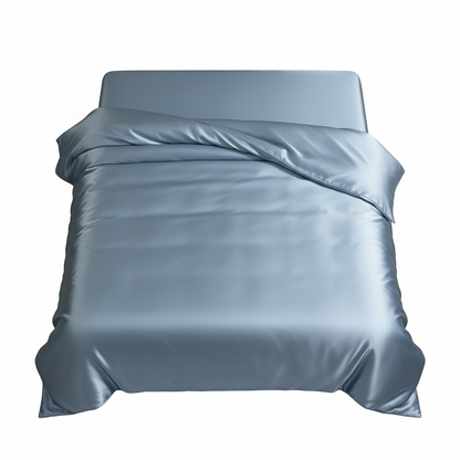 Steel blue satin duvet cover flat lay white background