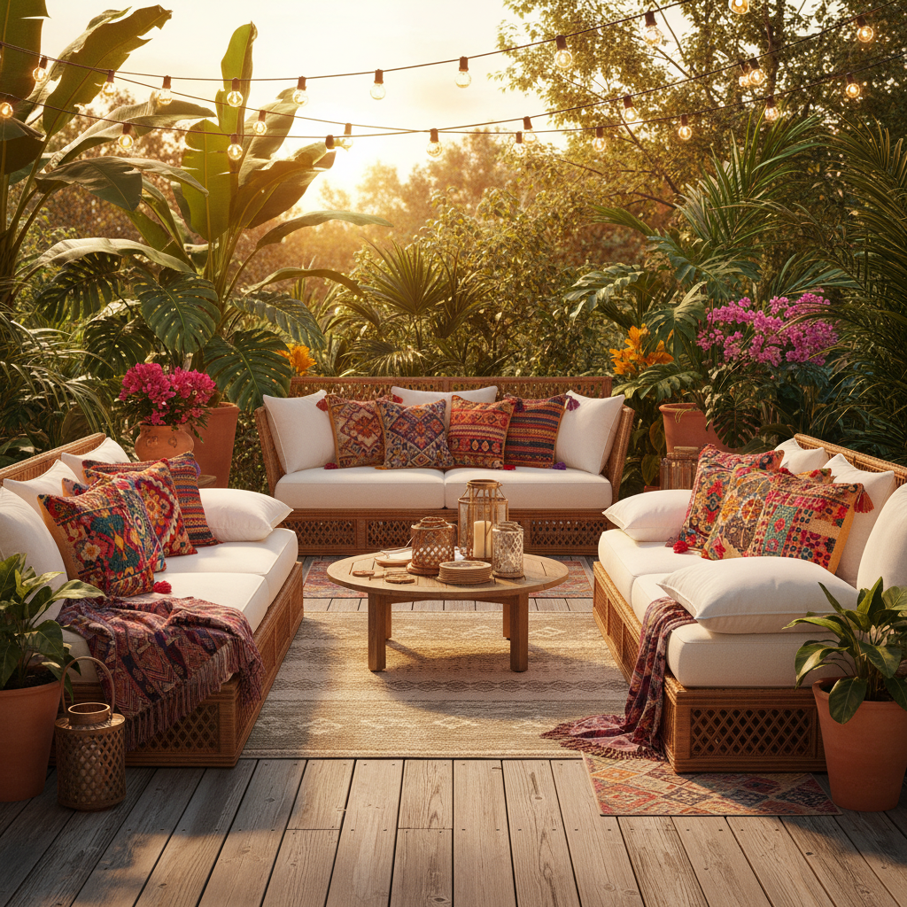 Bohemian outdoor terrace rattan daybed pillow lifestyle