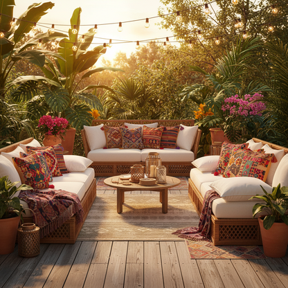 Bohemian outdoor terrace rattan daybed pillow lifestyle