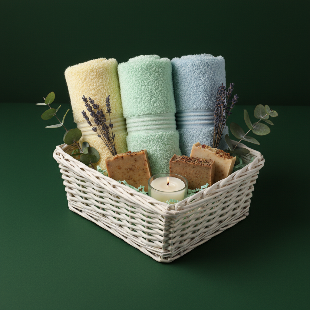 Three towels as spa gift set wicker basket lavender soap forest green