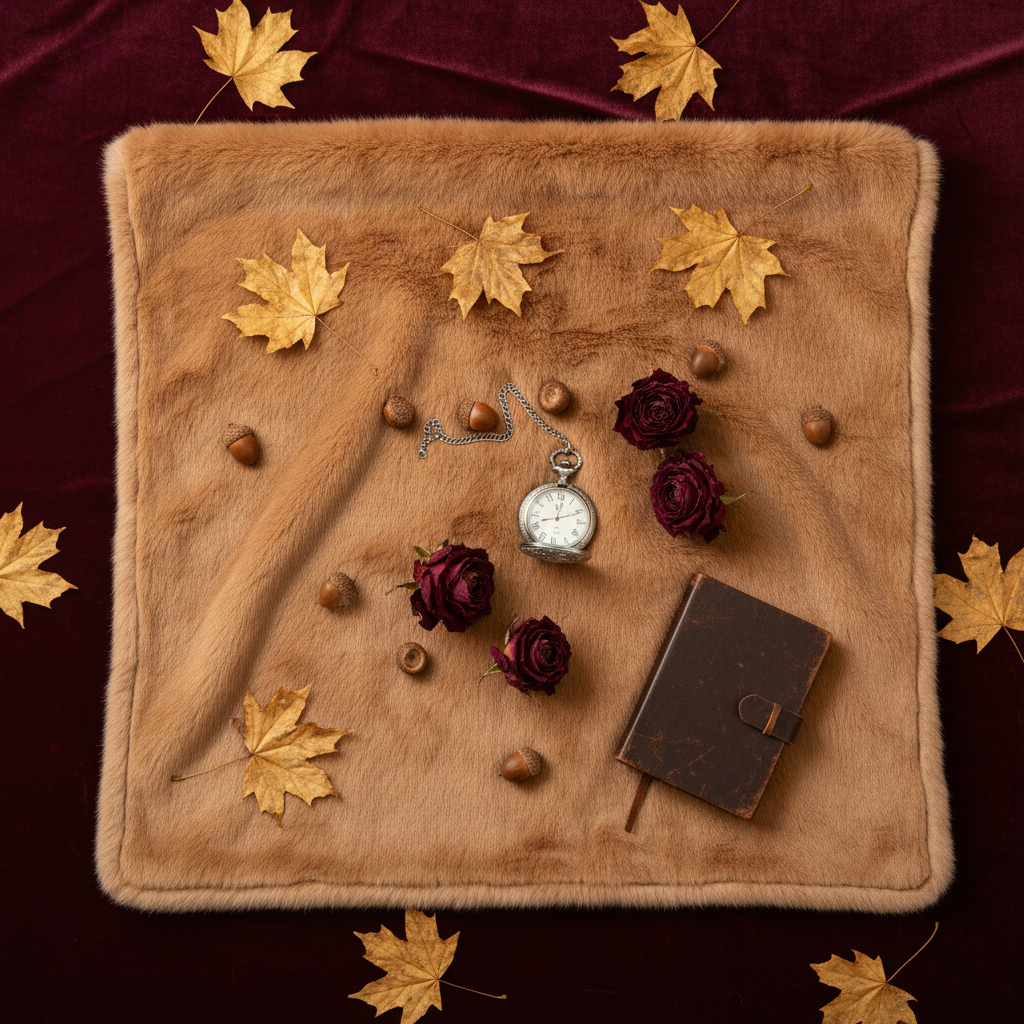Flat lay caramel fur blanket burgundy surface maple leaves acorns journal