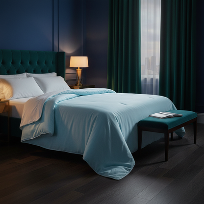 Emerald green editorial bedroom with blue comforter