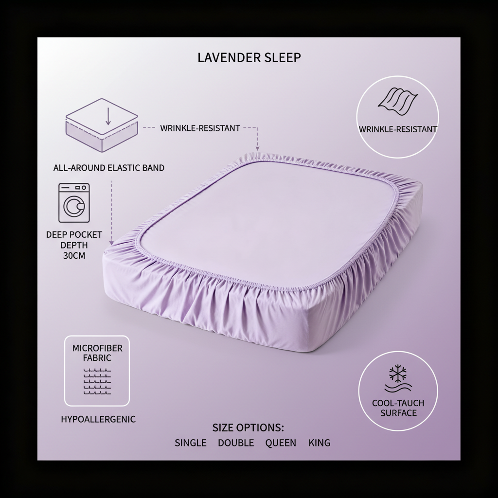 Fitted sheet infographic deep pocket elastic sizes features purple background