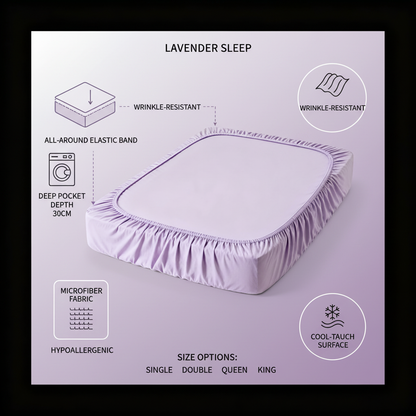Fitted sheet infographic deep pocket elastic sizes features purple background