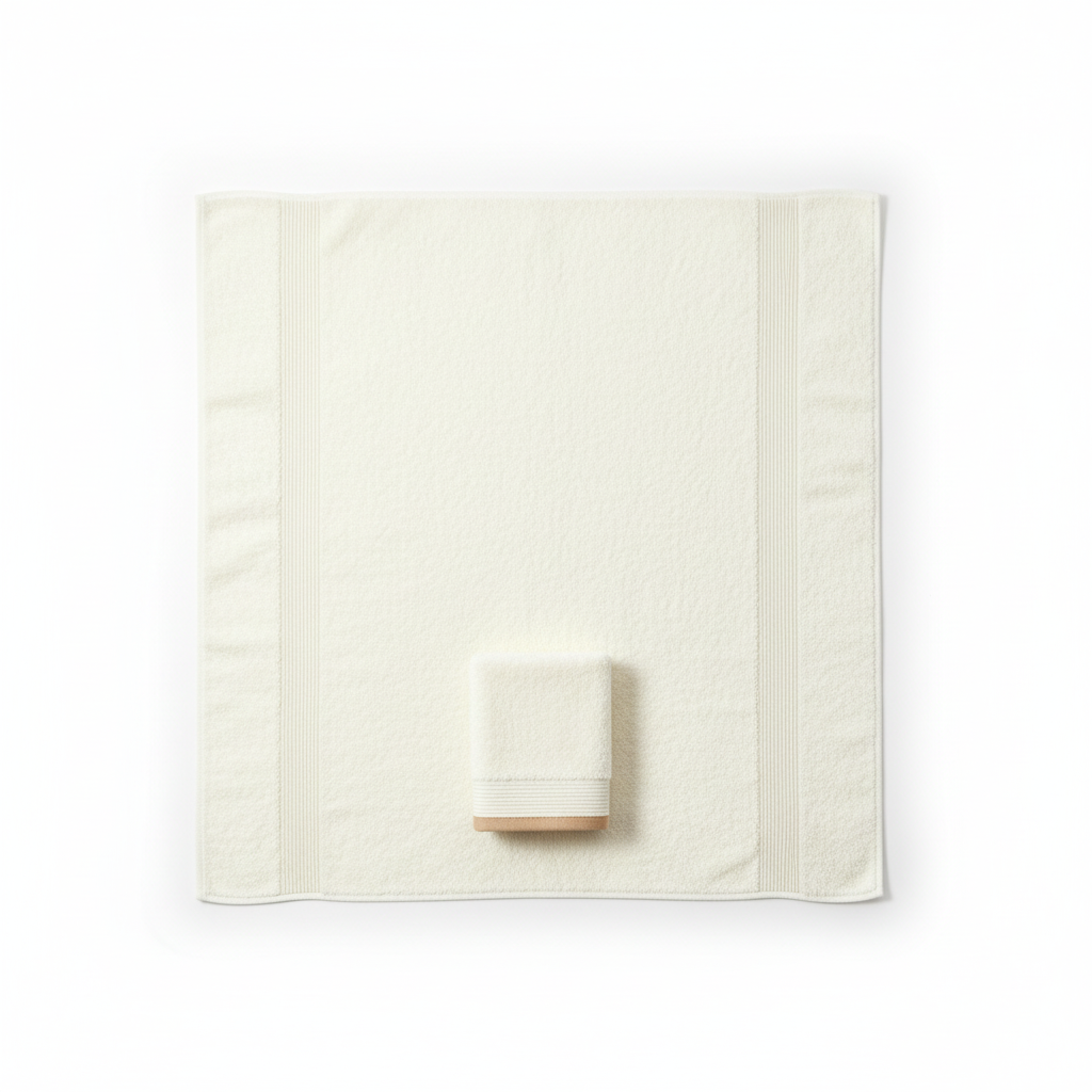 Cream bath towel flat lay overhead full size white background