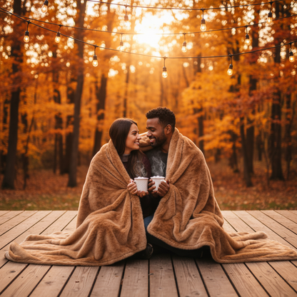 Couple under faux fur blanket outdoor deck string lights autumn forest dusk