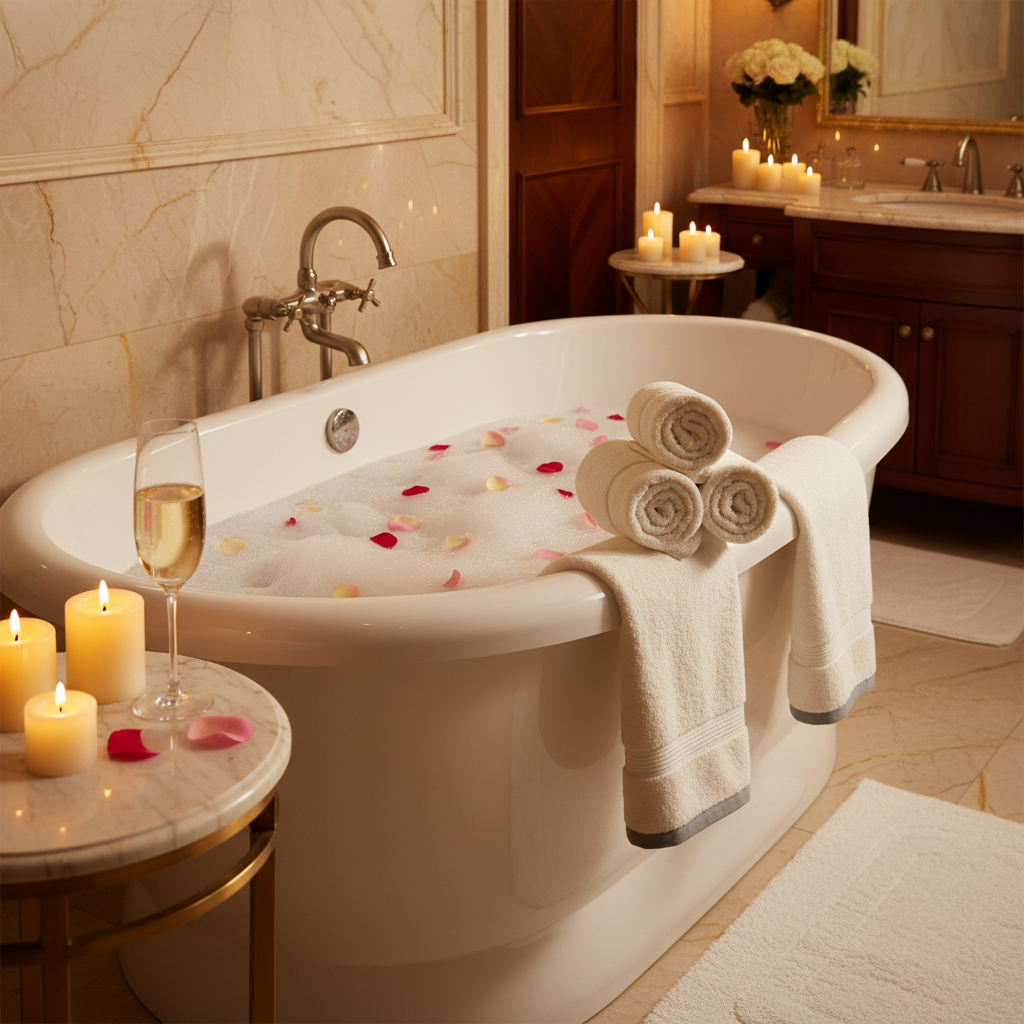 Luxury hotel bathtub scene with towels rose petals champagne candlelight
