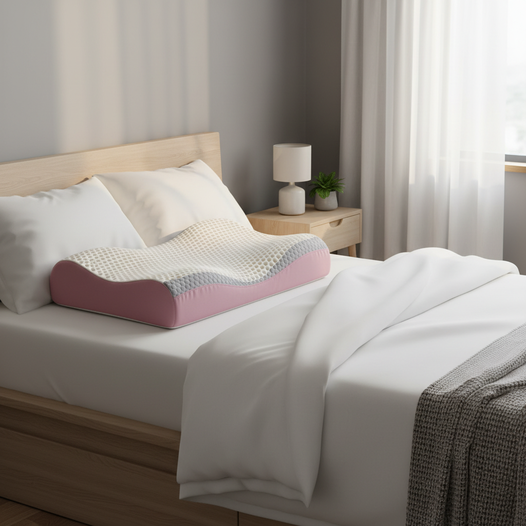 Pink ergonomic pillow on bed white linen Scandinavian bedroom
