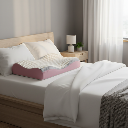 Pink ergonomic pillow on bed white linen Scandinavian bedroom