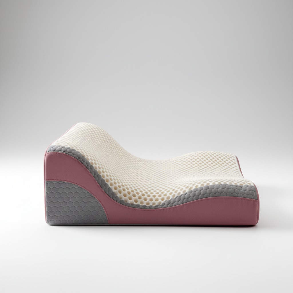 Pink cervical pillow side profile showing contoured wave shape