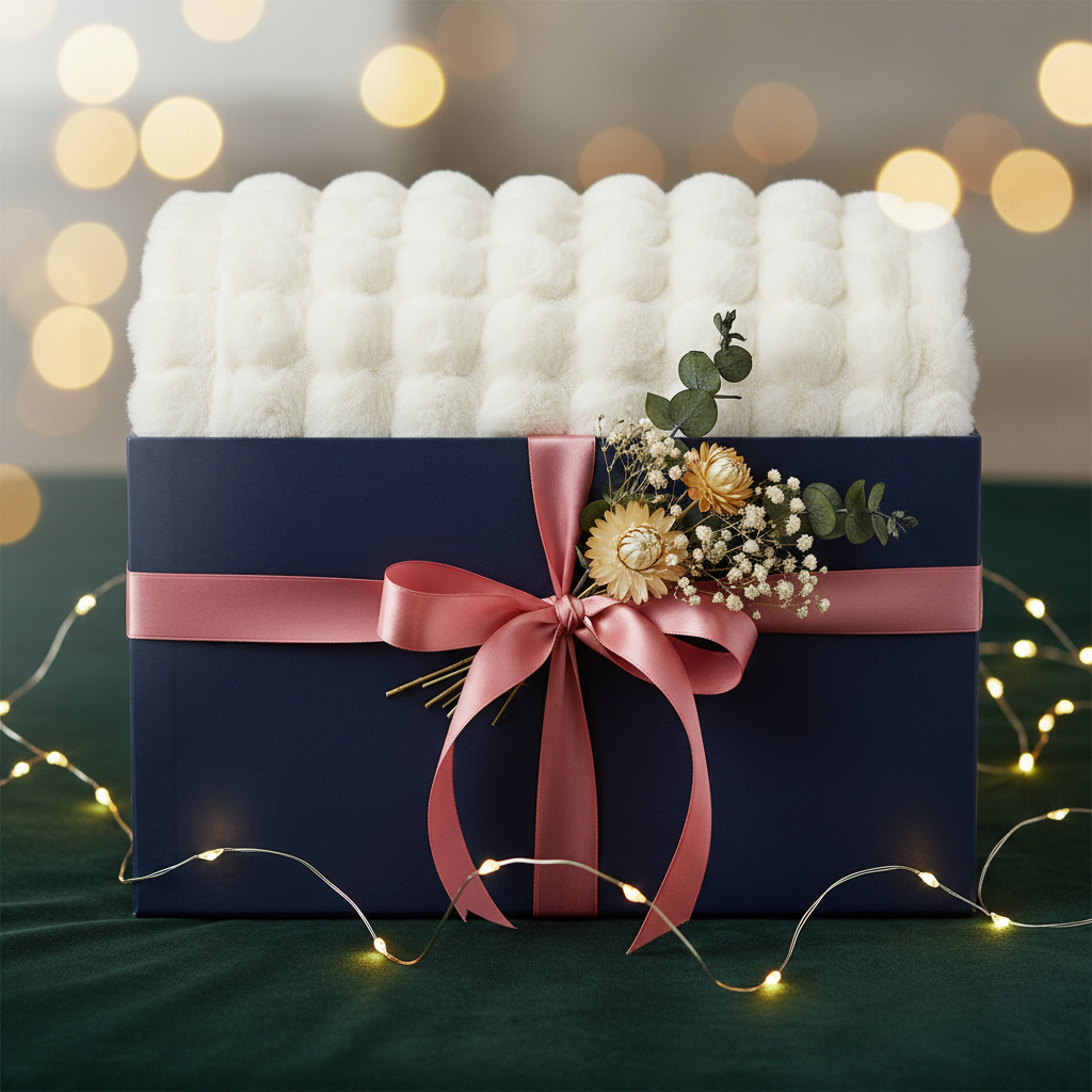 Bubble blanket as luxury gift in box with pink ribbon and fairy lights