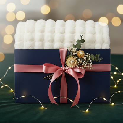 Bubble blanket as luxury gift in box with pink ribbon and fairy lights