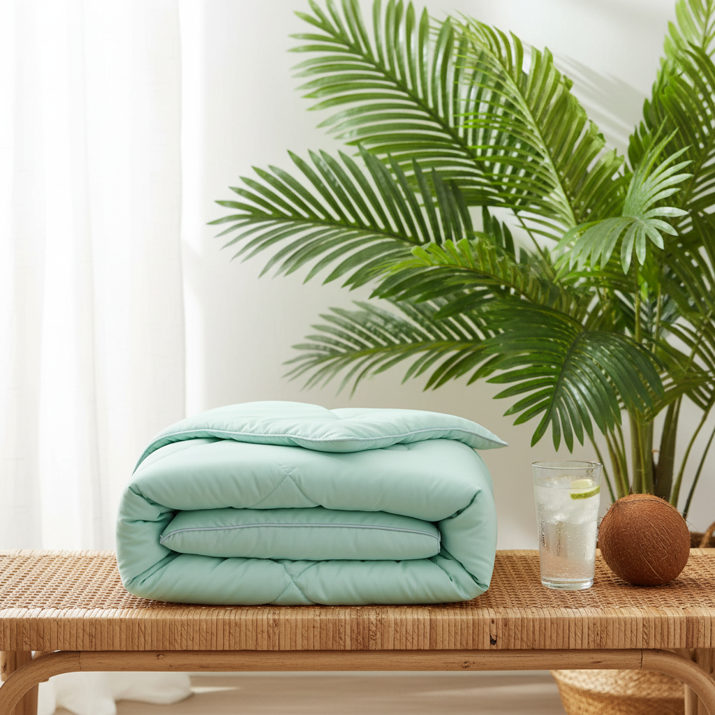 Folded mint comforter on rattan bench tropical palms coconut summer