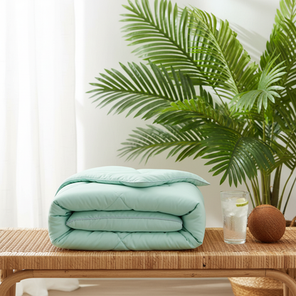 Folded mint comforter on rattan bench tropical palms coconut summer