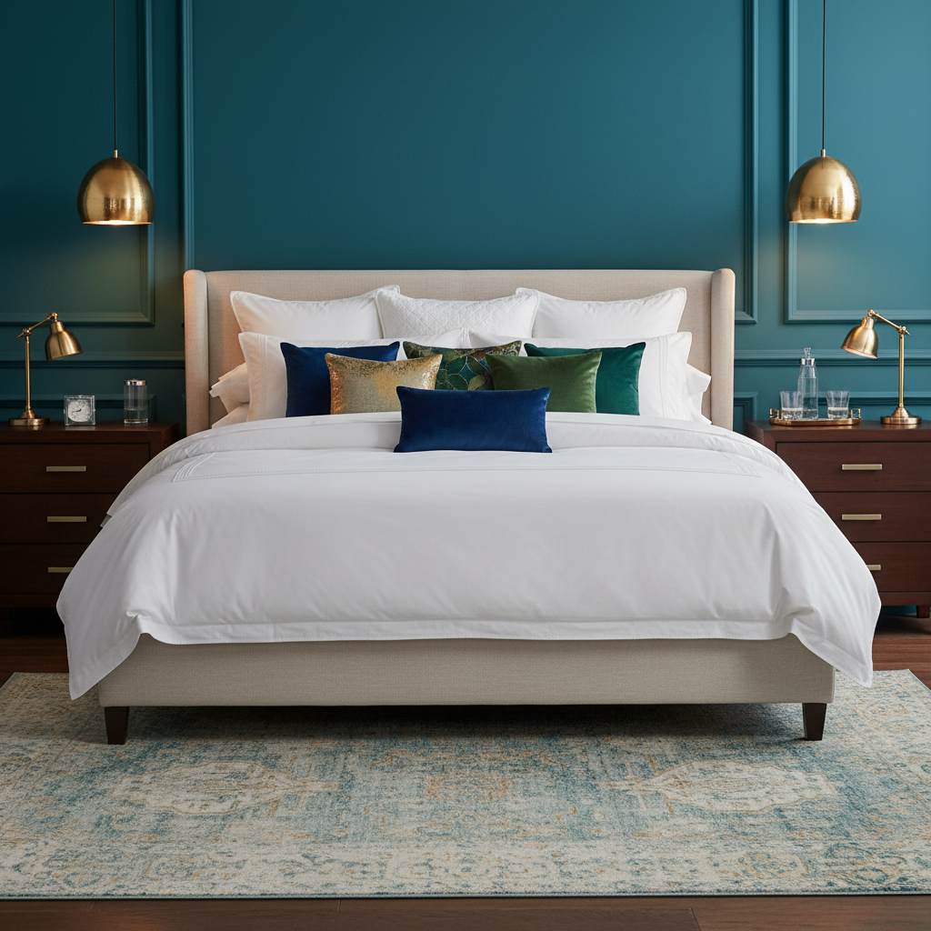 Luxurious bedroom layered pillows teal walls lifestyle