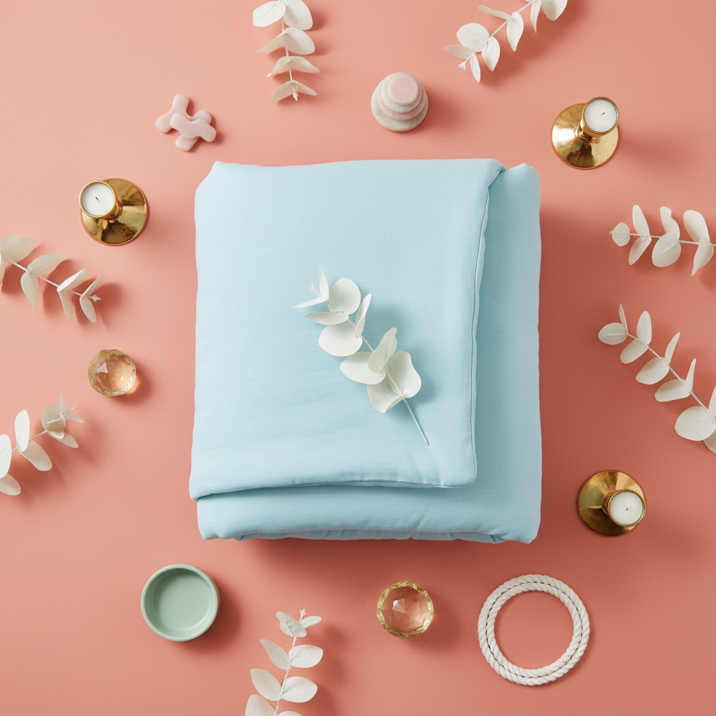 Flat lay coral background styling with blue comforter