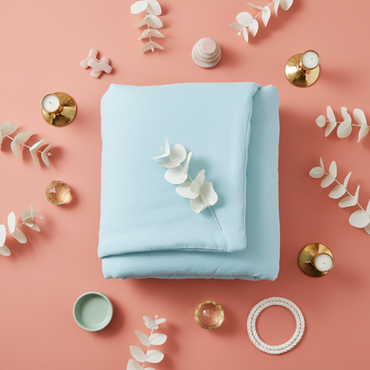 Flat lay coral background styling with blue comforter
