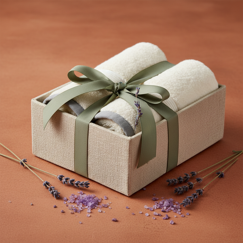 Towel gift set wrapped with sage ribbon lavender and bath salts