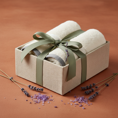 Towel gift set wrapped with sage ribbon lavender and bath salts