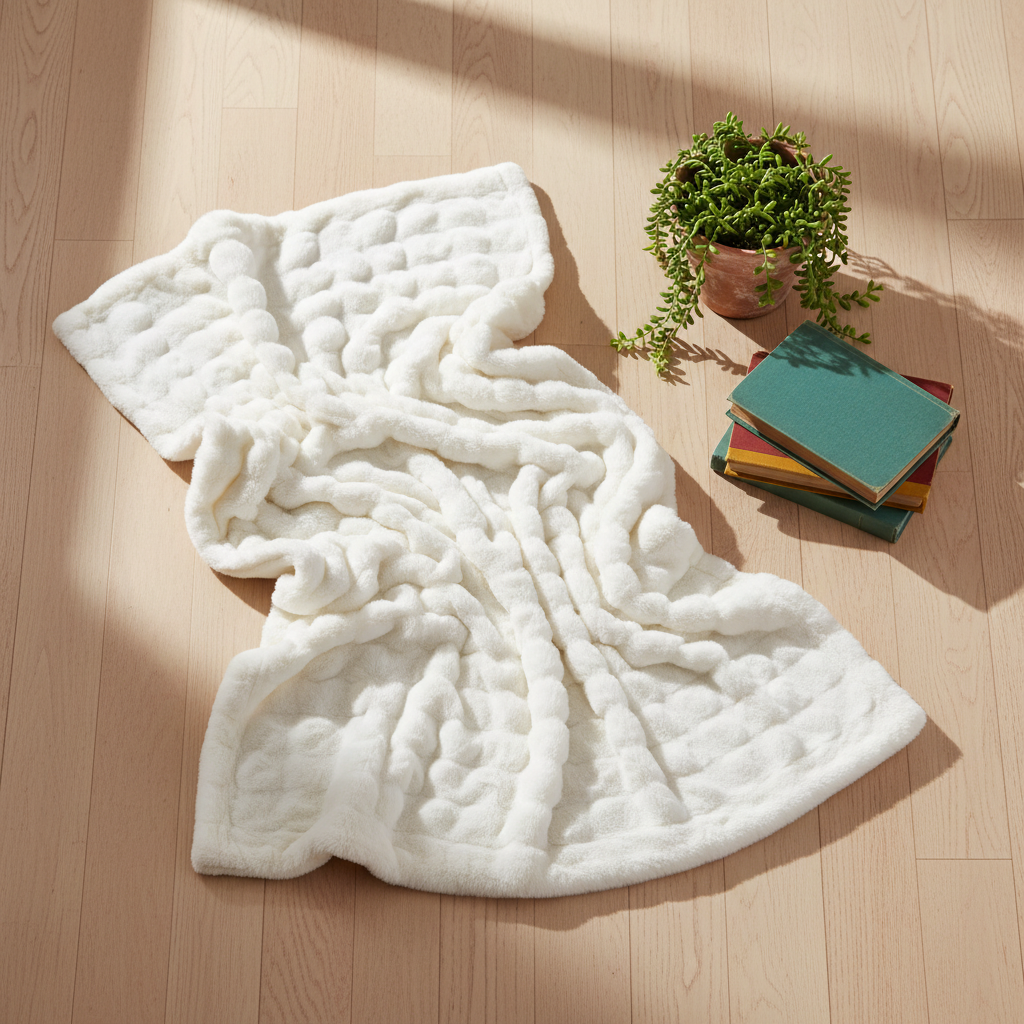 Bubble blanket boho flat lay with terracotta pot and colorful books
