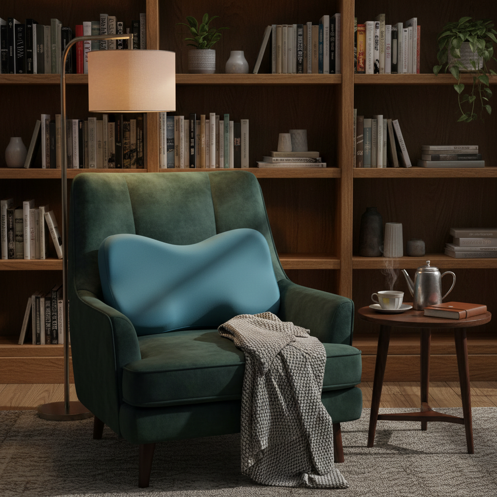Teal lumbar pillow on armchair cozy reading nook