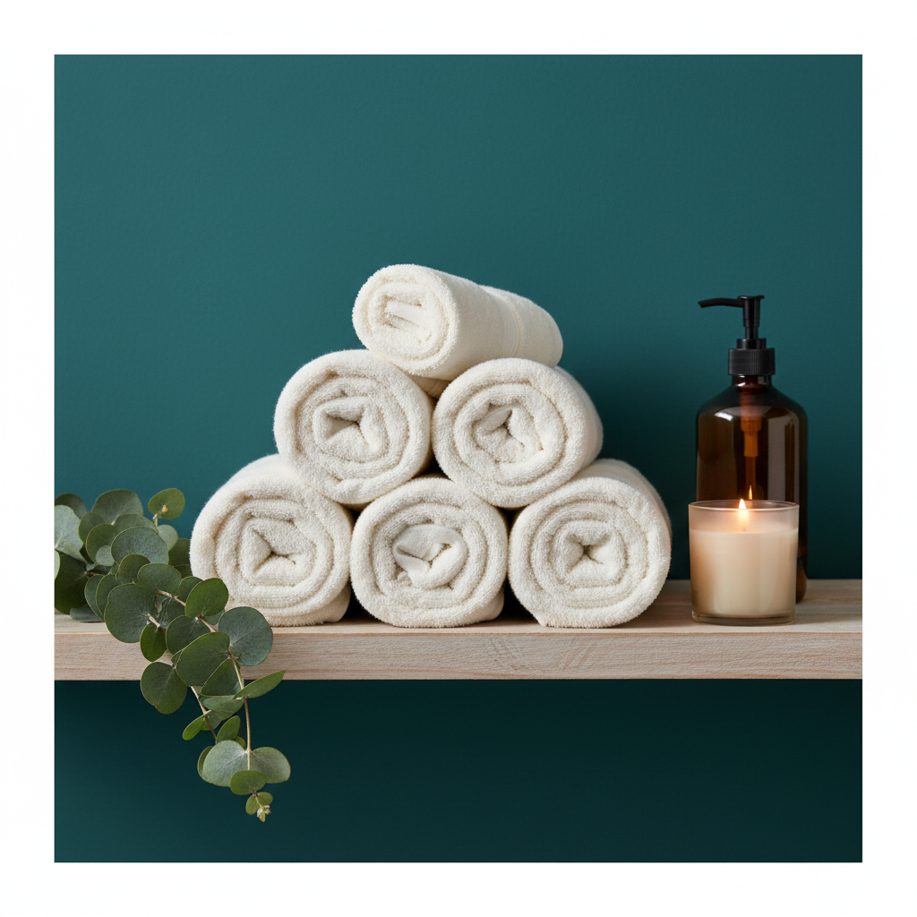 Towel set on shelf with eucalyptus candle soap dispenser teal bathroom